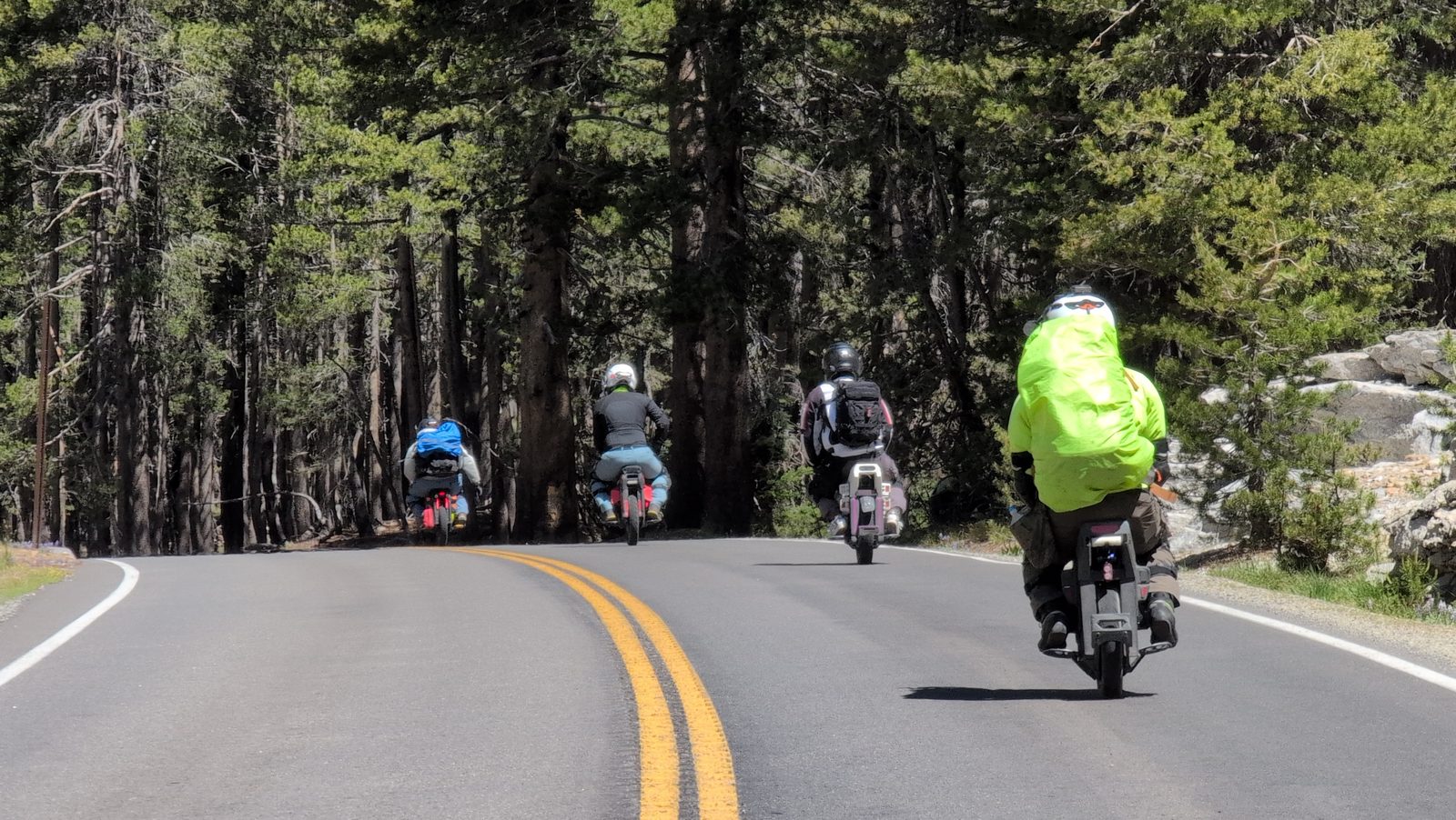 Four riders on electric unicycles climb a two-lane mountain road through pine forest, single file along the lane.